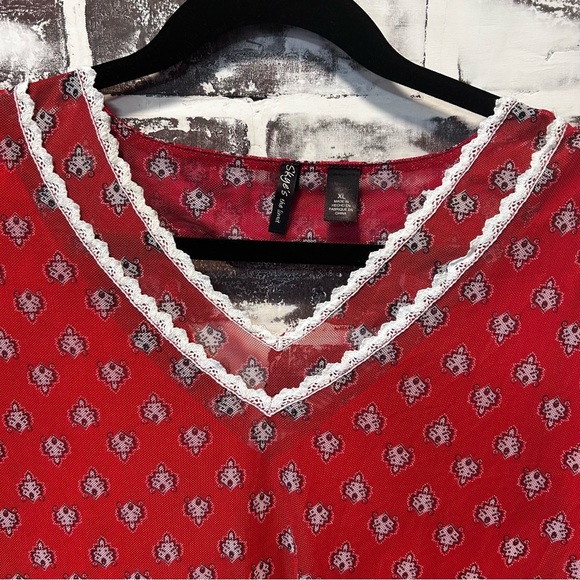 Skye's the Limit Modern Boho Whimsical Artsy Print Red Mesh Blouse Size XL - Picture 2 of 8